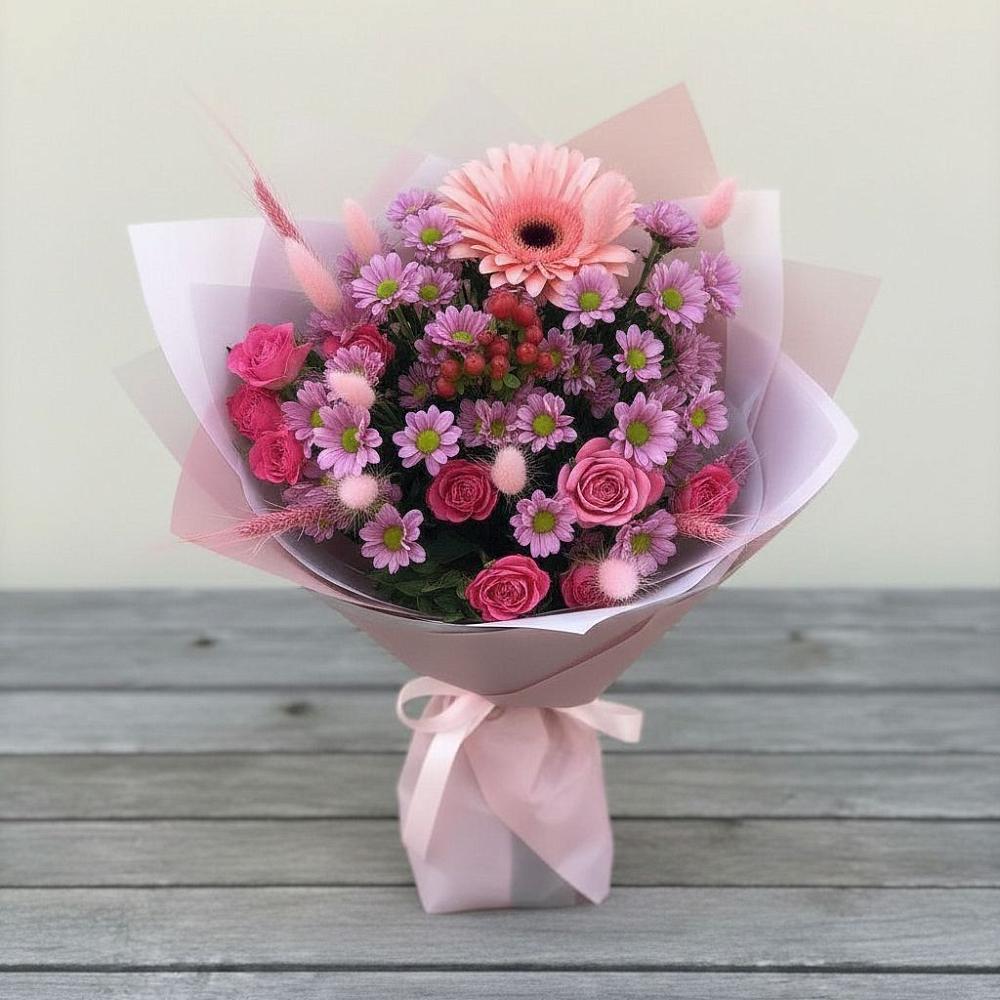 Букет цветов из: Розы, Герберы и Хризантемы в Кузнечиках