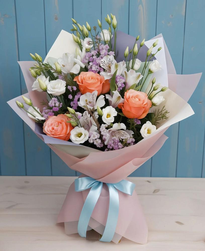 Букет цветов из: Лизиантусы, Розы, Альстромерии и Гипсофила в Кузнечиках